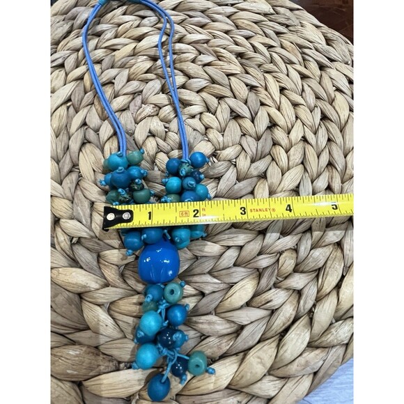 Blue Eco-Friendly Wooden Bead Cluster Necklace Blue Cotton Cord Beachy Boho - Picture 6 of 7